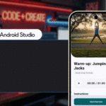 Phone screen shows a workout app titled 'Warm-up: Jumping Jacks' with a jumping person image above and a 'Next Exercise' button visible at the bottom; branding suggests Android Studio context.