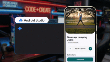 Phone screen shows a workout app titled 'Warm-up: Jumping Jacks' with a jumping person image above and a 'Next Exercise' button visible at the bottom; branding suggests Android Studio context.